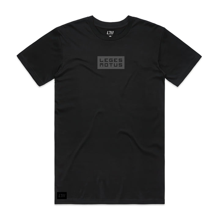 993 black t-shirt, front view, grey Leges Motus box logo on the chest