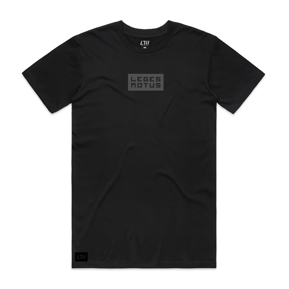 MR2 black t-shirt, front view, grey Leges Motus box logo on the chest